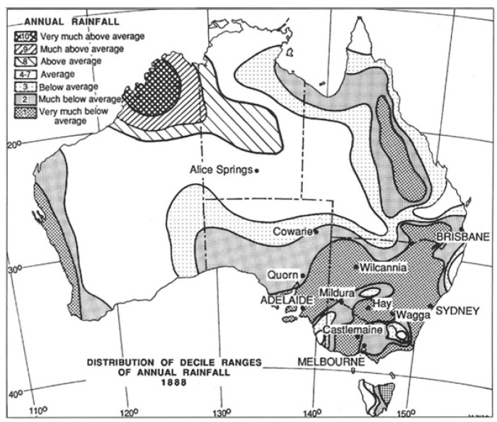 Above (left): A rainfall deciles map of the drought year (1888) originally produced in 1967 (Gibs and Maher) and adapted in 1997 (Nicholls). Above (right): A contemporary newspaper article about the Centennial drought. 